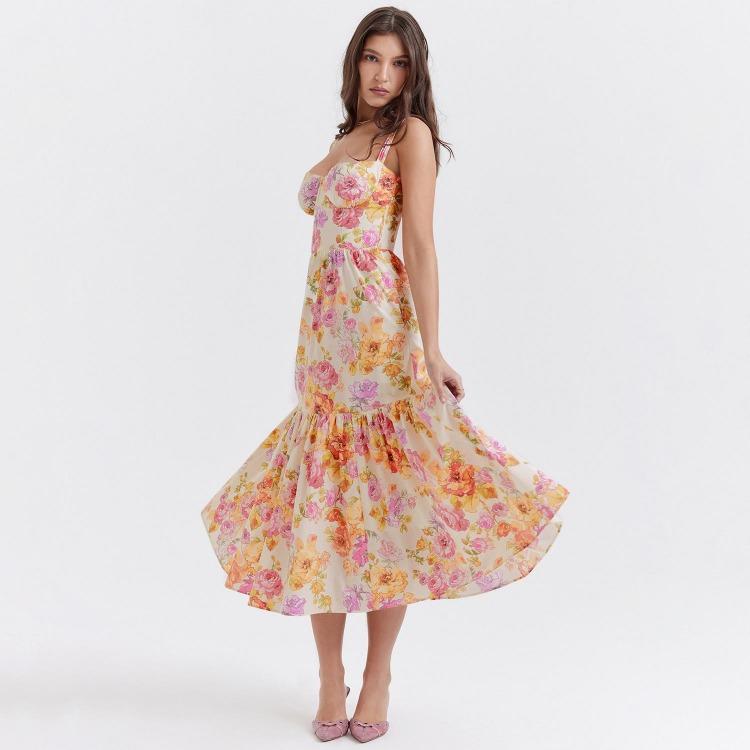 Summer Women Sleeveless Halter Square Neck Pleated Print Ankle Length Dress
