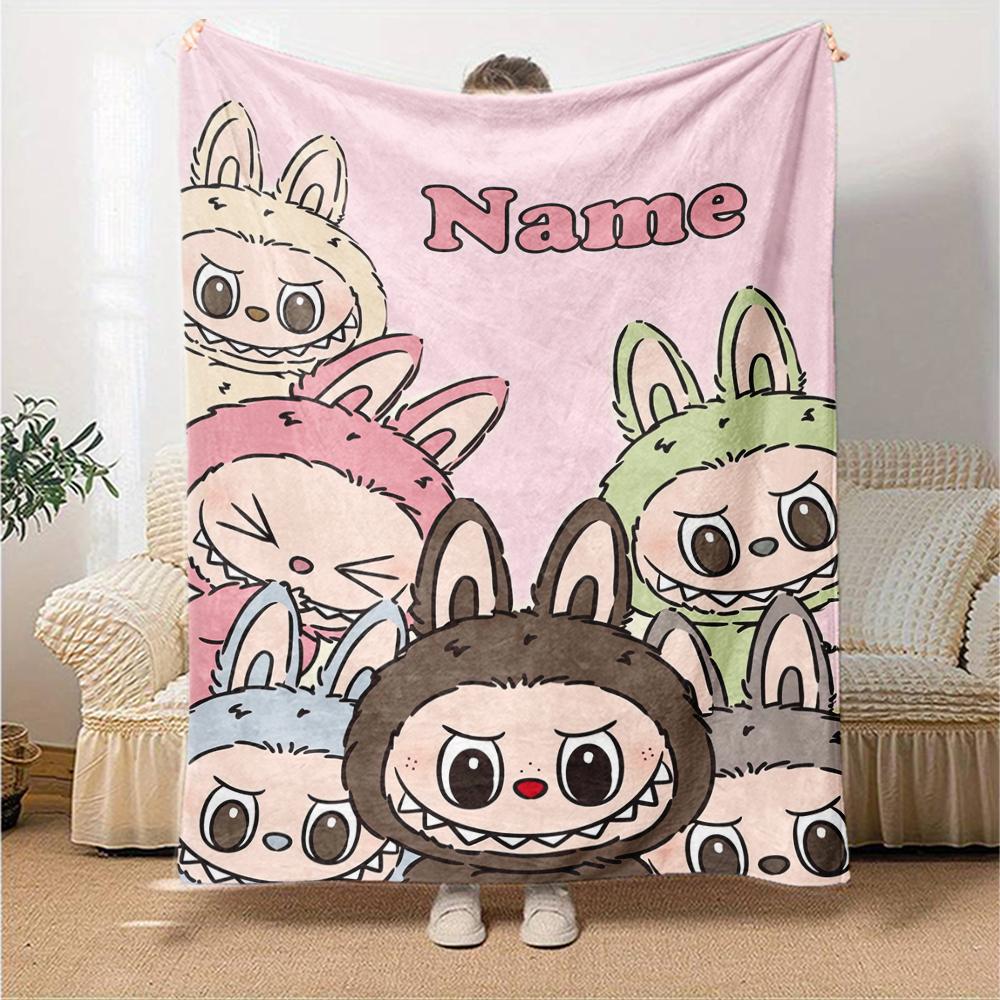 Custom Name Labubu Theme Printed Blanket - Perfect for Couch, Bed, Travel & Outdoor Use | Machine Washable, Cozy & Durable.