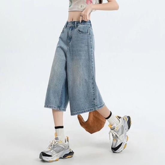 Yousheng Cropped Jeans for Women Wide Leg High Waisted Denim Pants Summer Casual Short Baggy Jeans with Pockets