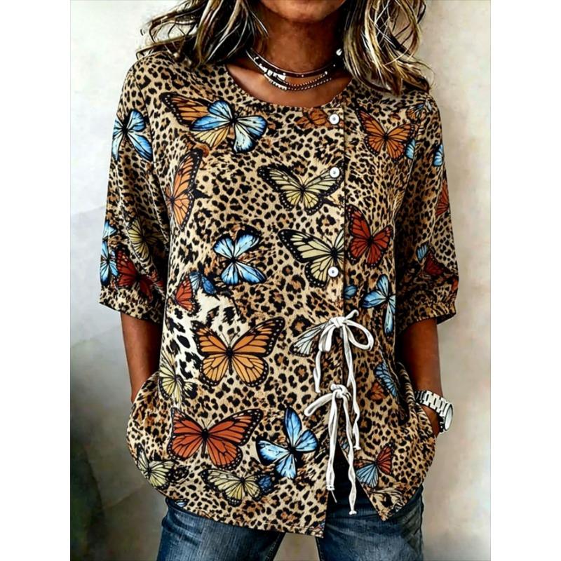 Women's Spring Summer 3D Printed Button Front Drawstring Loose Art Blouse, Blue Pink Yellow Color Vertical Line Square Print Top