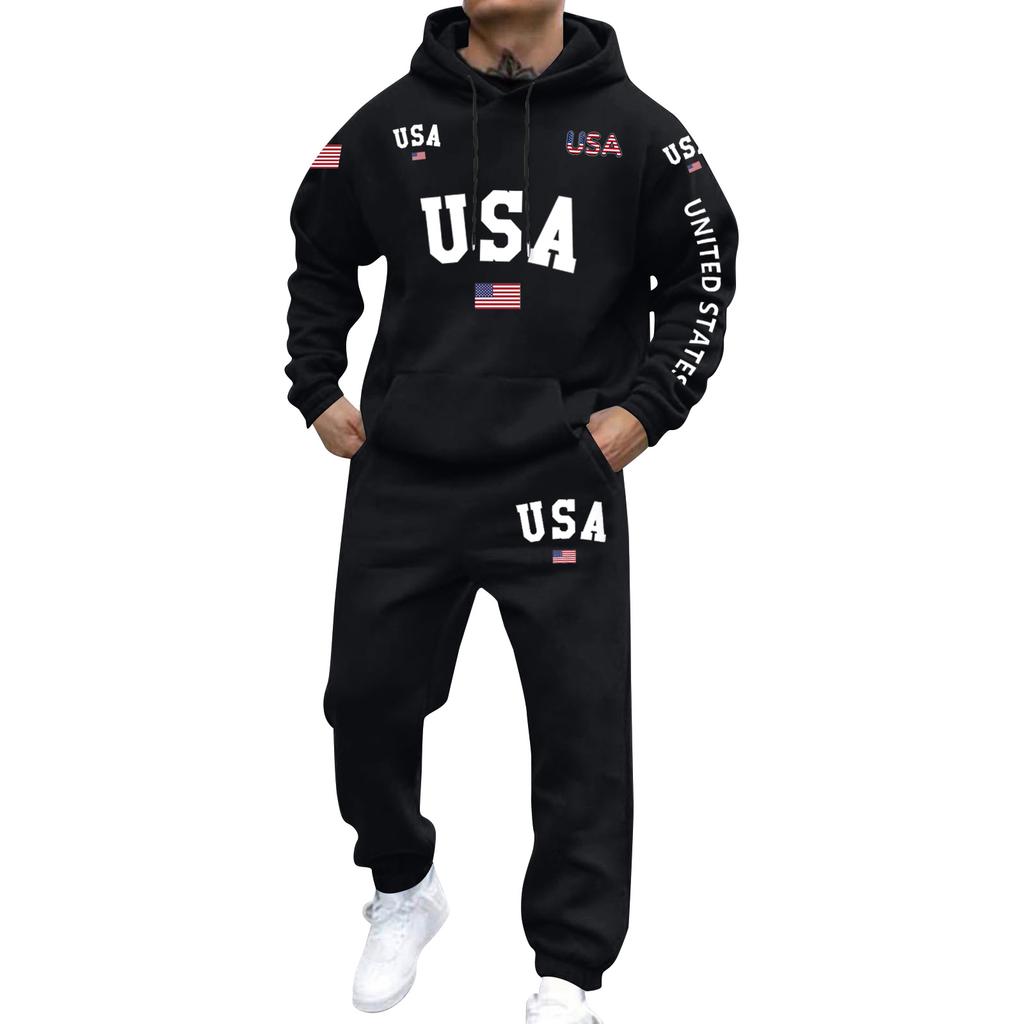 USA Letter Print Hoodie und Jogginghose Set Unisex Pullover Langarm Kapuzenoberteil und Kordelzug Jogginghose Zweiteiliges Outfit