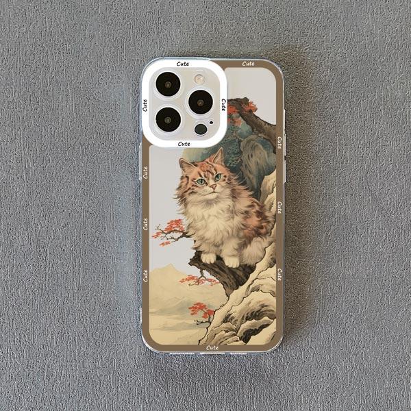 Painted Plum Blossom Flower Cat Clear Phone Case For iPhone 11 12 13 Pro Max 14 15 Pro Max Plus XS XR X Transparent Back Cover