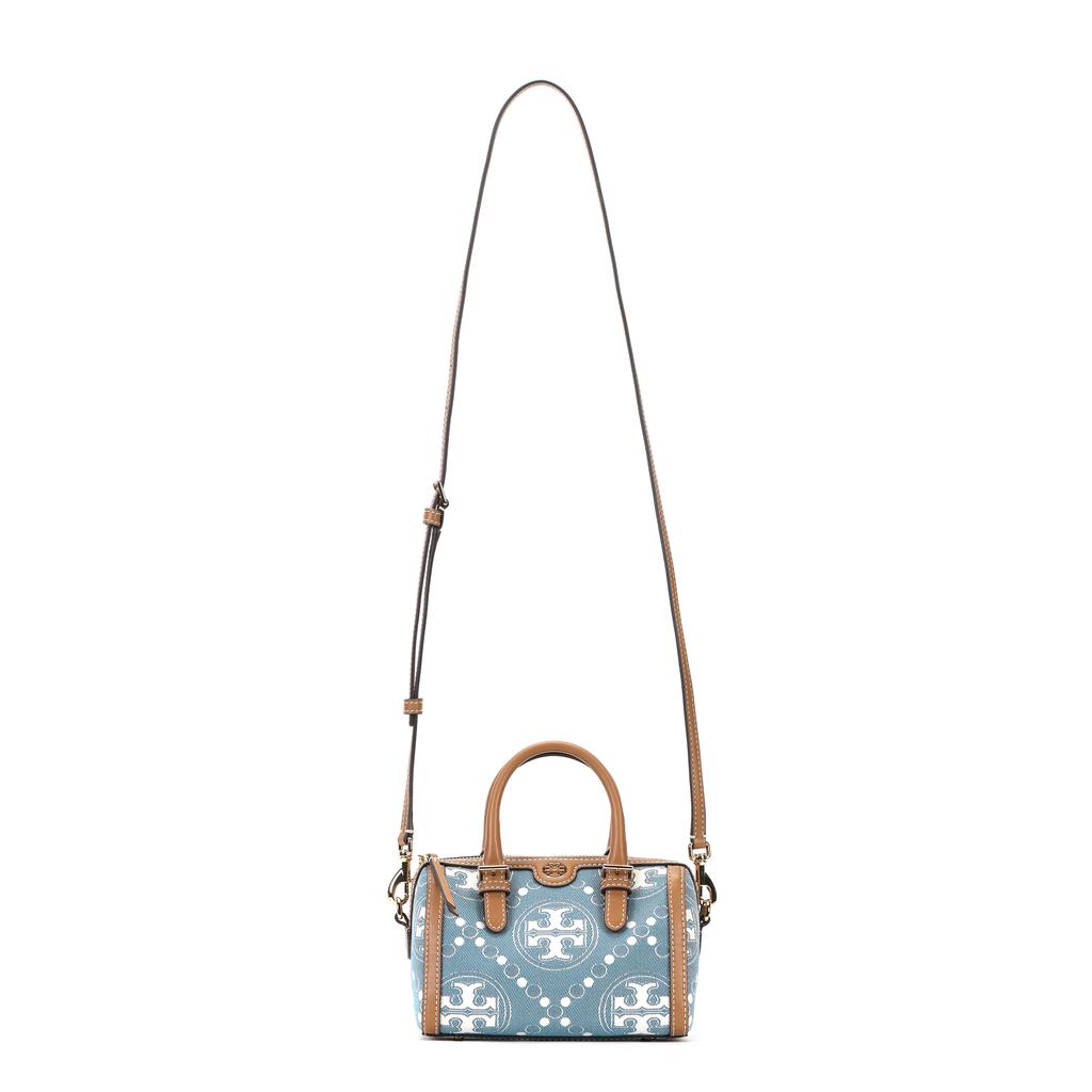 Tory Burch T Monogram Zipper Closure Fabric And Leather Barrel Bag Mini Women Handbags Denim-Blue Brown 159640-960