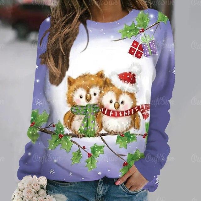 Autumn Fashion Long Sleeve T-Shirt Popular Women's Kawaii Owl Print Tees Aesthetics Round Neck Female Clothing Casual Street Top