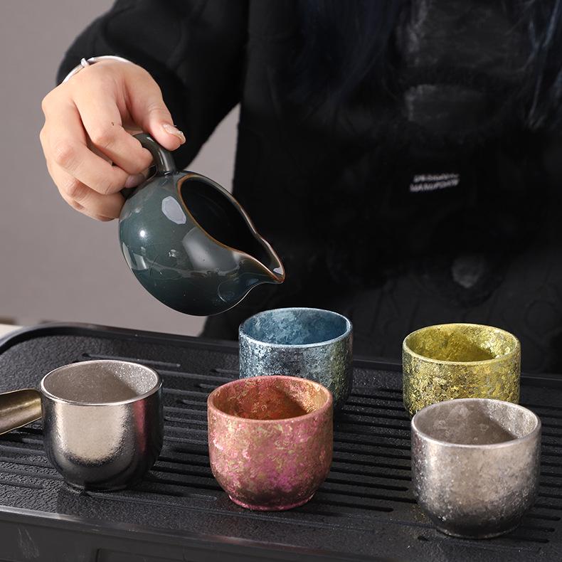 New Style Pure Titanium Double-Layer Small Teacup with Crystal Ice Flower Design