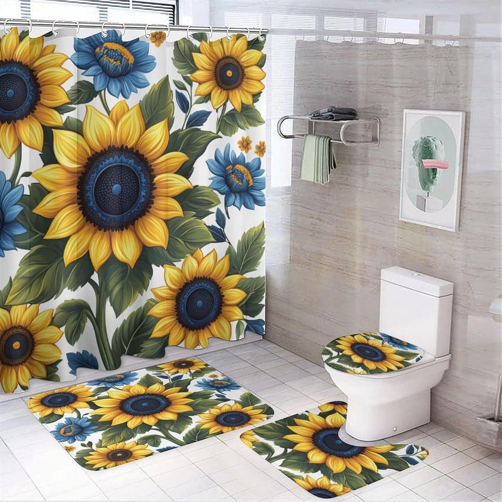 Bathroom Curtain And Rug Set, Sunflower Pattern Printed On Shower Curtain And Bath Mat Set, Designed For Farmhouse Contemporary
