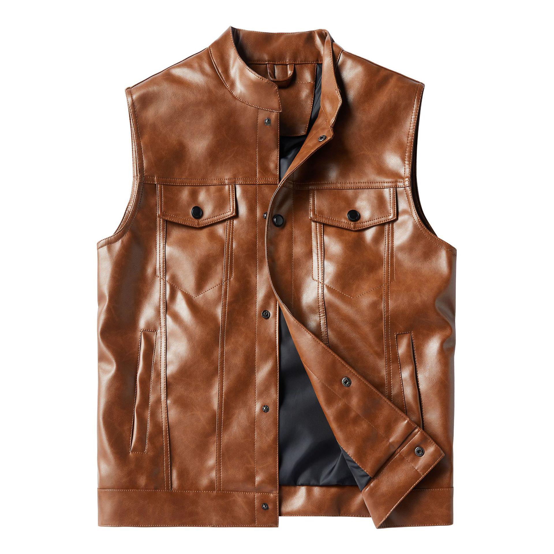 

Men s Trendy Multi-Pocket PU Motorcycle Vest with Stand-up Collar, Plus Size 2XL