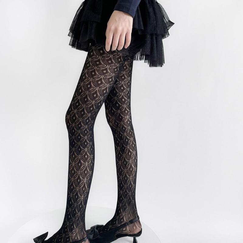 Womens Nylon Sheer Pantyhose Lace Detailing Slimming Pantyhose Solid Color Hollowout Geometric Pattern Stockings Hosiery