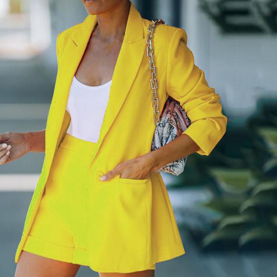 2Pcs/Set Ladies Suit Solid Color Lapel Neck Cardigan Blazer Summer Jacket Shorts Suit Commuter Clothes Streetwear