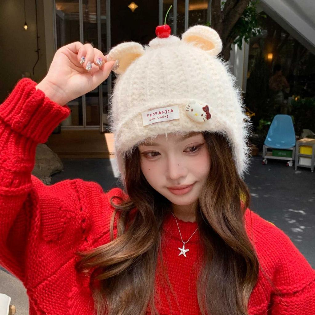 Cute Bear Ears Ear Protector Knitted Hat Women's Autumn and Winter Cherry Plush Wool Hat Student Thermal Pullover Hat