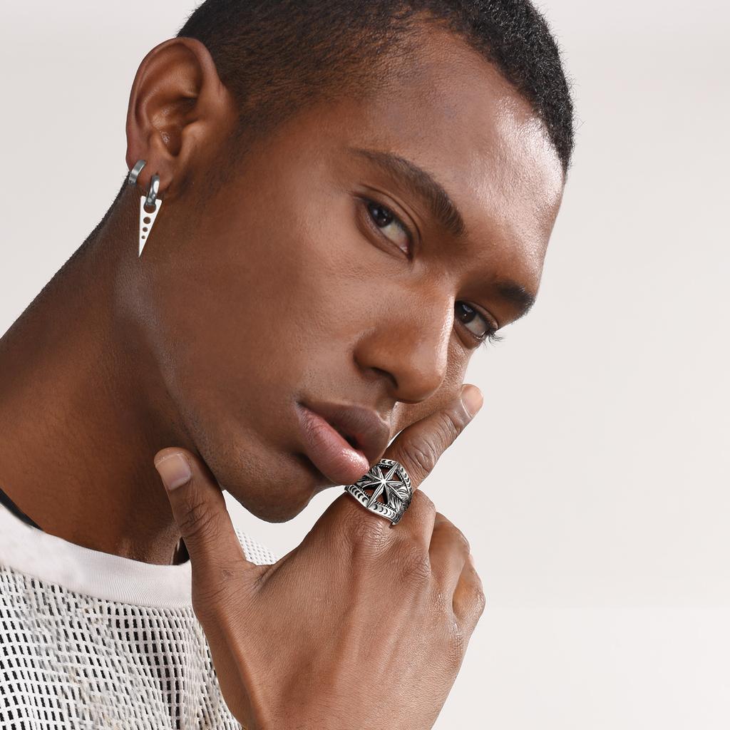 Stainless Steel Crescent Moons Star Rings for Man Woman The Rays of The Sun Ring Size 7-14 Retro Style Couple Jewelry Gift