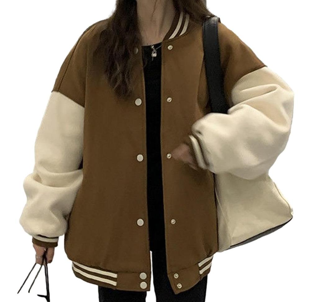 andrei Stadium Color Blocking Outerwear Sweatshirt Size Women's Jacket, (Brown, XL)