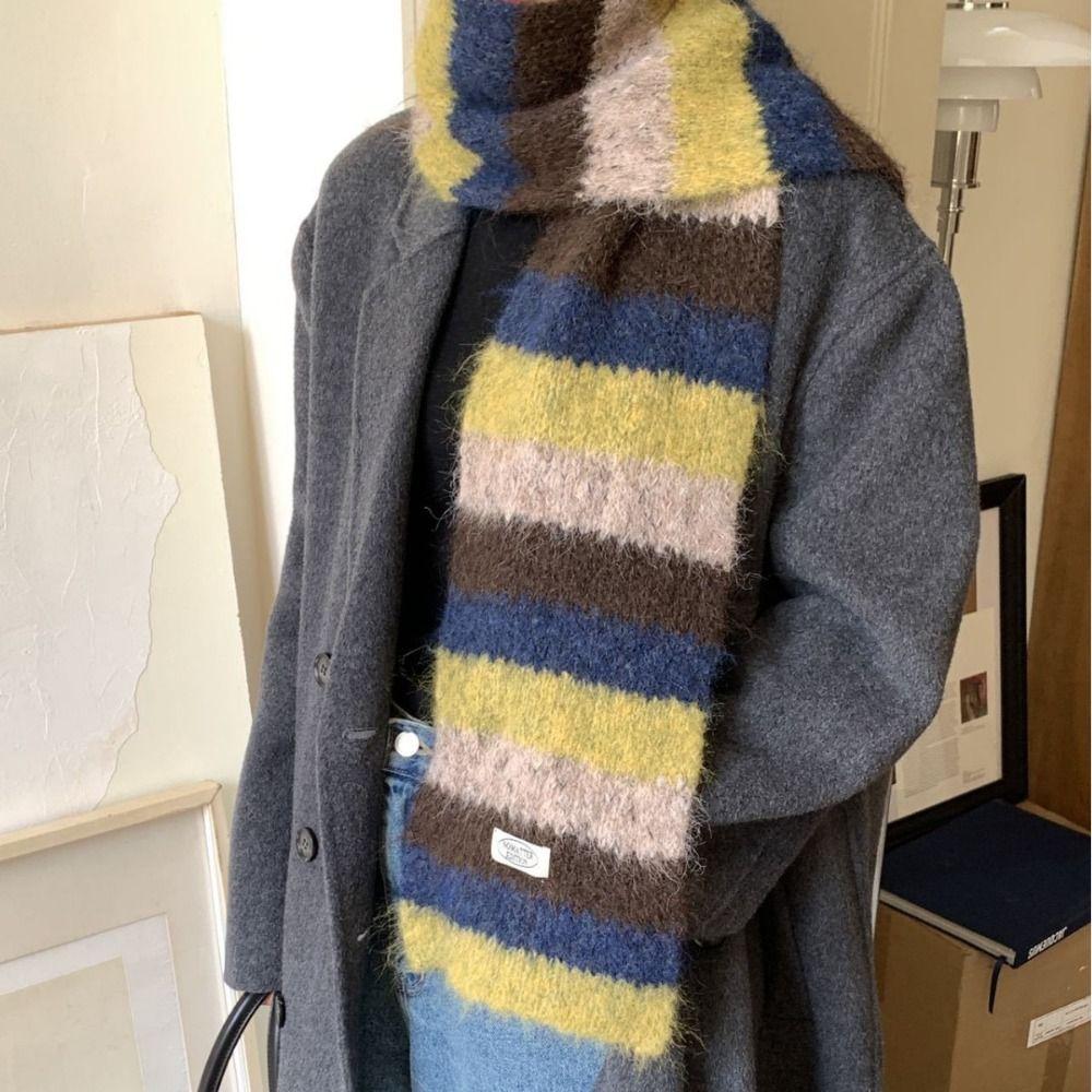 Preppy Style Stripe Scarf Plush Knitted Shawl Simple Plaid Wool Scarf  Girl