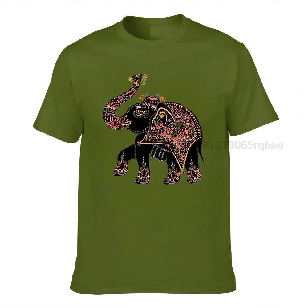 Elephant Folk Art Tshirt Unisex Black Tshirts Elephant Print Tops Adult Cotton Clothes Africa Style Tee Shirt Unique Birthday Gift