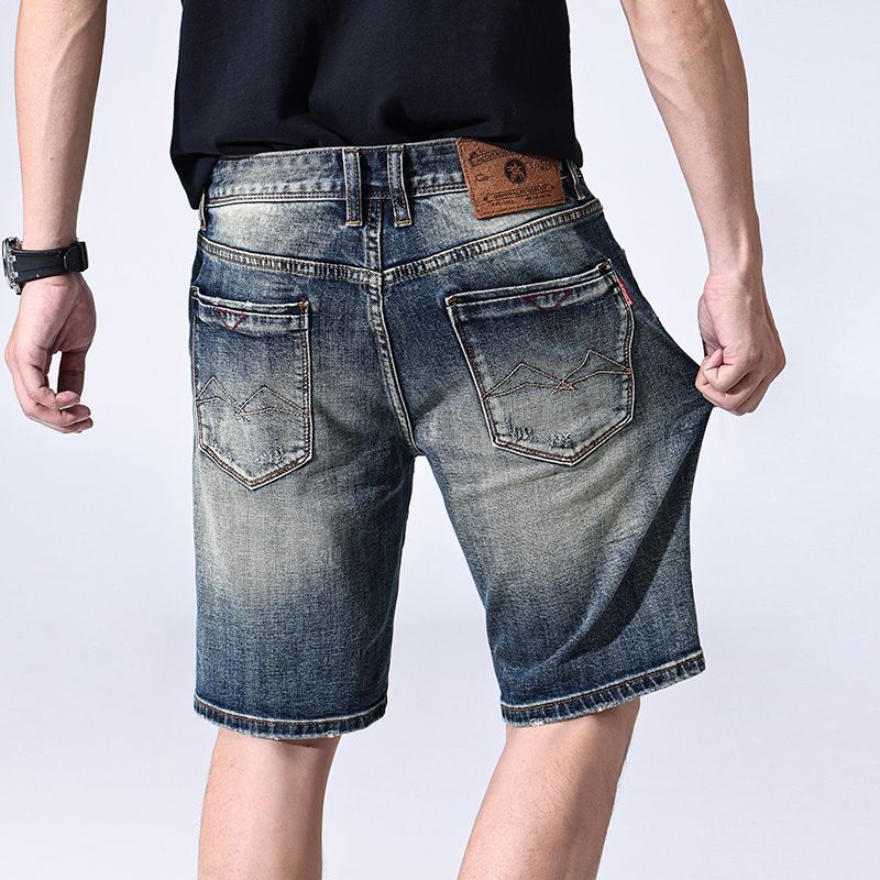 Retro Denim Shorts Summer Slim Straight Mid-pants Casual Ripped Five-point Pants