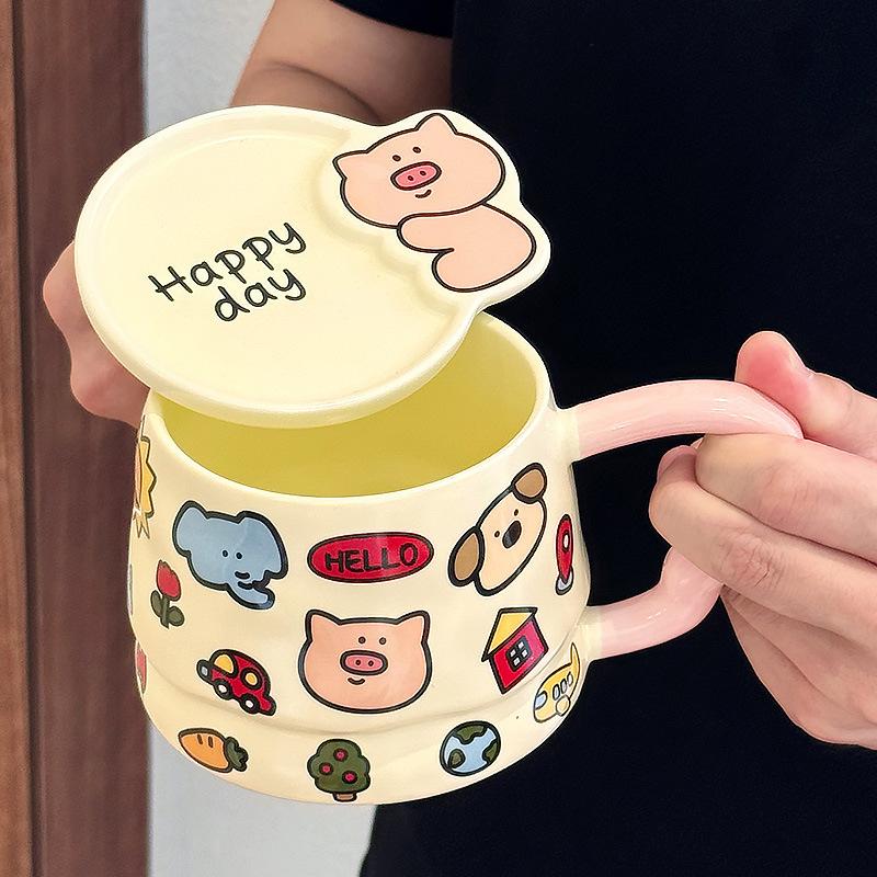 Cute Cartoon Girl Petting Animal Graffiti High Office Water Cup with Lid Cute Mug Student Ceramic Cup