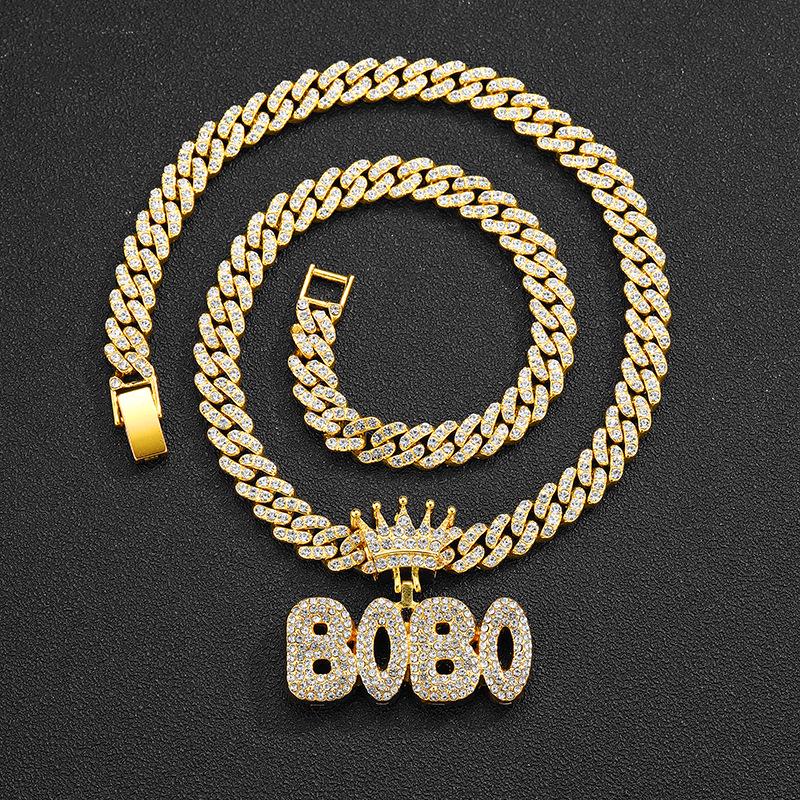 European & American Full Diamond Letter BOBO Pendant with Cuban Chain Necklace - Exaggerated Hip Hop Style Accessories for Couples