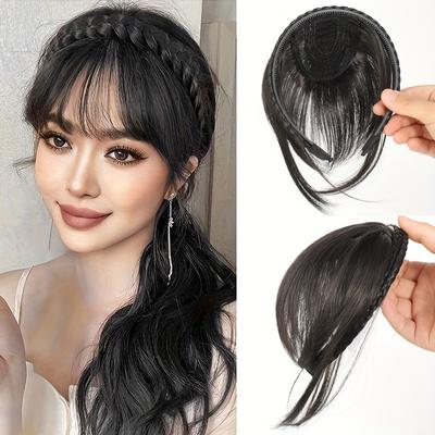 Synthetisches, doppelt geflochtenes Stirnband mit Fransen, Perücke mit Pony, Haarband, Haarverlängerung, Frauen und Mädchen, Clips in Haarverlängerung, Haarschmuck, Haarteil-Clips