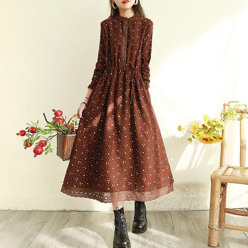 2025 autumn new retro style floral dress lace edge long waist thin loose Mori long skirt