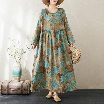 Langarm Übergröße Baumwolle Vintage Blumenmuster Neu in Kleidern für Damen lässig locker Frühling Sommer Herbst Kleid