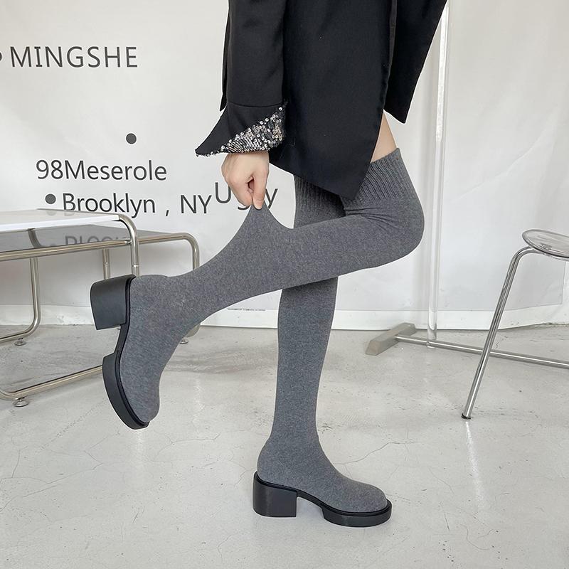 Autunno Inverno Donna Calzino Snellente Elastico Stivali Moda Femminile Tacco Grosso Sopra il Ginocchio Stivaletti Alti
