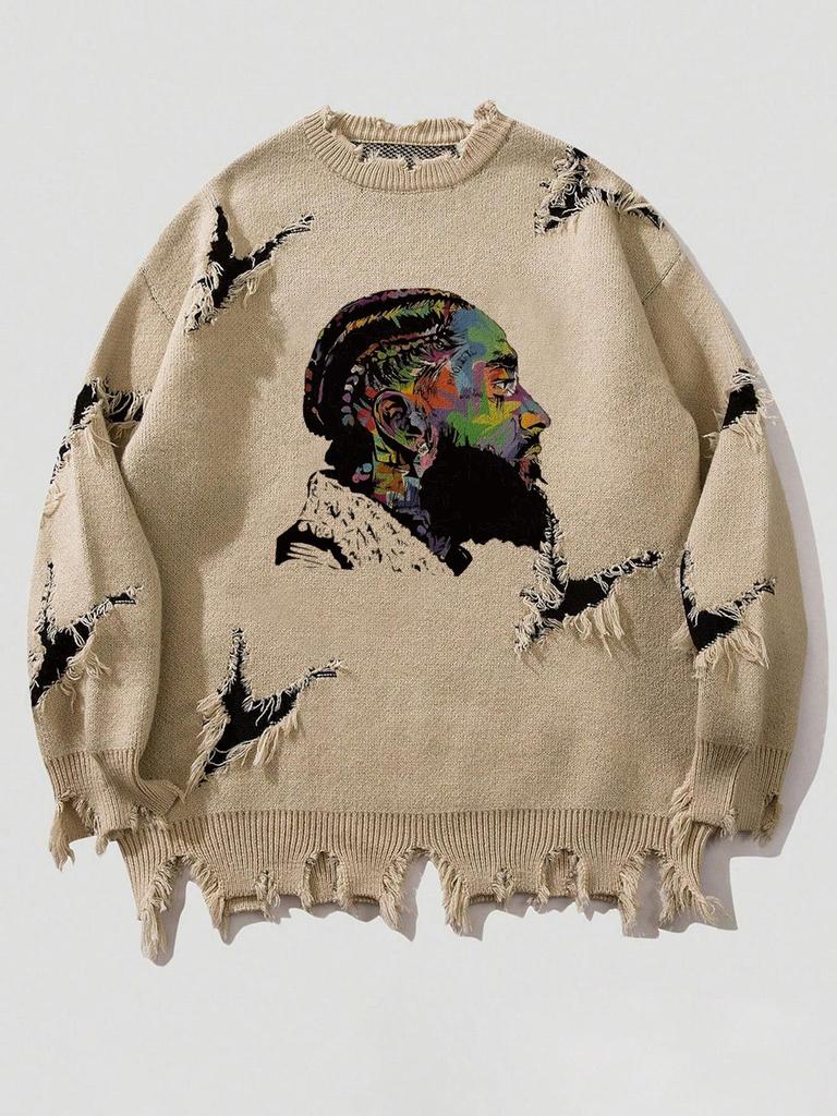 Pánský žíhaný grafický pletený svetr s kulatým výstřihem, oversized, pouliční styl, svetr přes hlavu