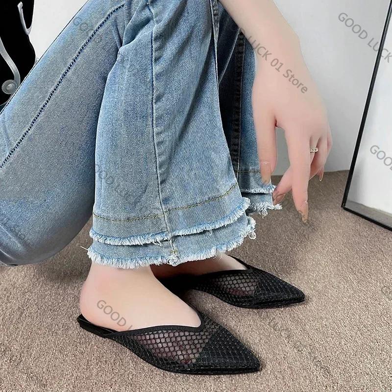 Fashion 2025 Hollow Mesh Flat Shoes Fashion Pointed Toe Half-pack Slippers New Summer Comfortable Square Heel Women's Shoes Large Size