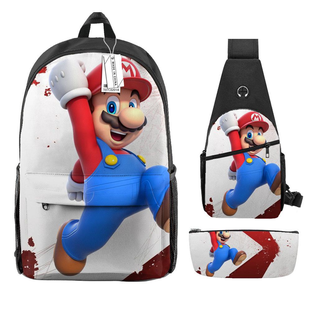 Animation Backpack, Super Mary Primary School Student Print Children'S Backpack Satchel Pencil Case Three-Piece Set