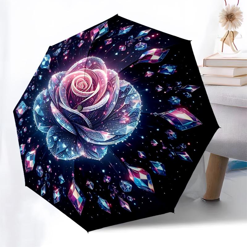Crystal Rose Automatic Folding Umbrella: Portable 3-Fold Design with 8-Bone Iron Frame, Perfect for Outdoor Use, Festive Gifts, Travel, Dail