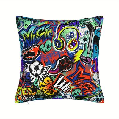 Grunge Graffiti Throw Pillowcase - Vibrant Street Art Music Sports Pop Culture Cushion Cover | Decorative Pillow For Living Room