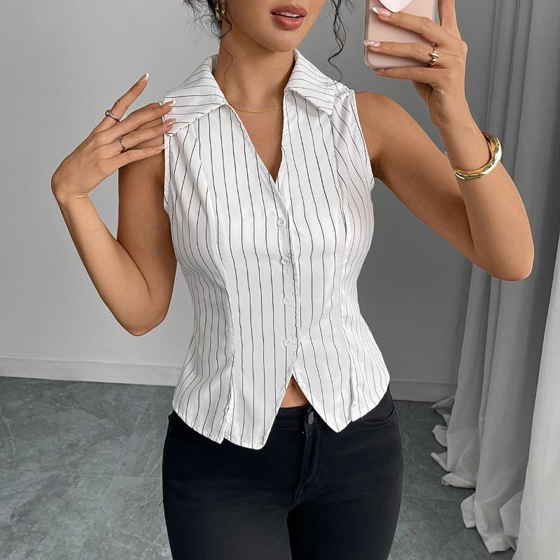 

Women s Summer Temperament Striped Sleeveless Shirt Slim Fit Shirt Cardigan Top XL чорний