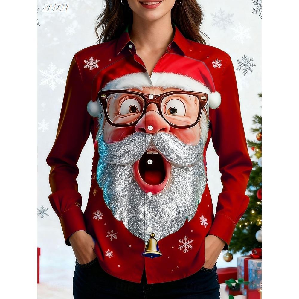 Christmas Women's Shirt Graphic Santa Claus Elegant Vintage Tropical Long Sleeve Shirt Collar Regular Tops Work Daily Holiday