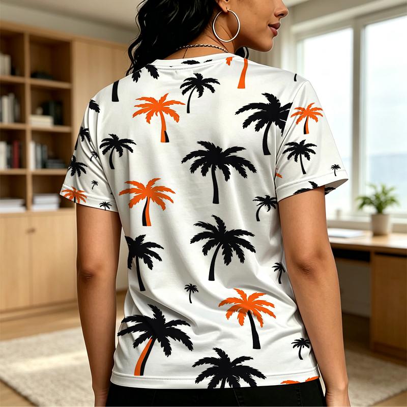 Palm Tree Print Casual T-Shirt,Comfy Soft Fabric,Loose Fit,Tropical Vibes Versatile Tee for Vacation,Daily Wear,Work Commute