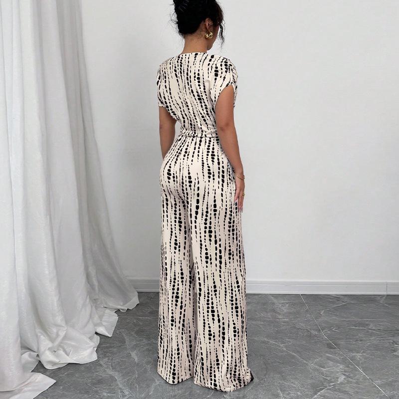 Women European American Striped One Shoulder Lace Up Wide Leg Jumpsuit