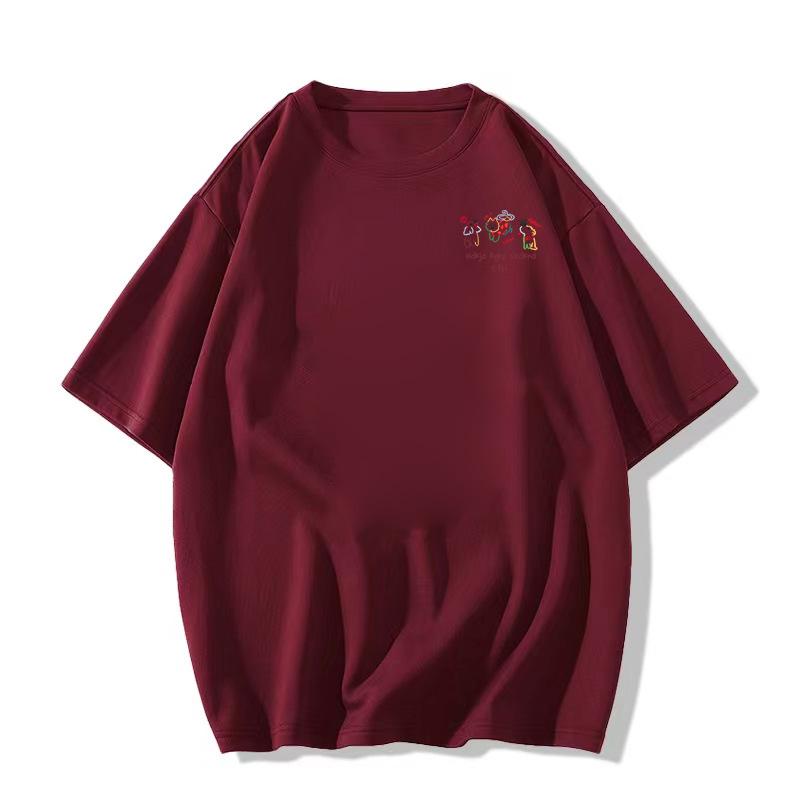 

Женская футболка с коротким рукавом из плотного хлопка 2025 года - прямой плечевой шов, нишевый американский стиль, свободный крой 3XL вино красного