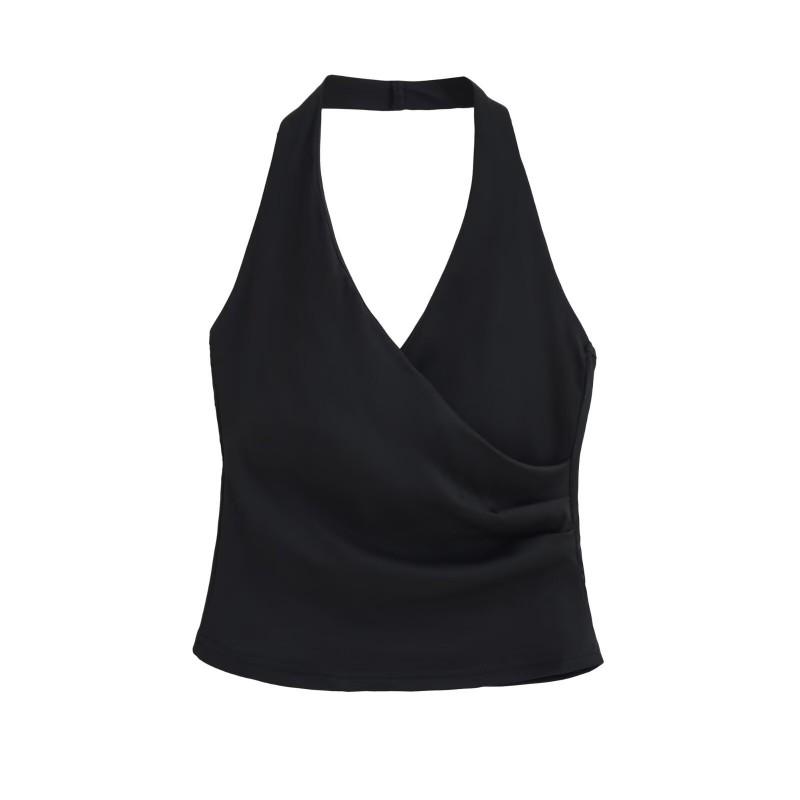 Womens V-Neck Backless Camisole With Built-in Pad Halter Strap Short Fit Stretchy Slim Top 2026