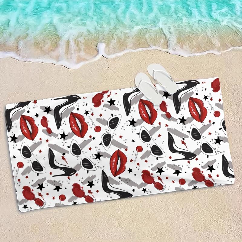 Red Lip High Heels and Sunglasses Polyester Microfiber Beach Towel Is Highly Absorbent, Suitable for Swimming and Beach Outings