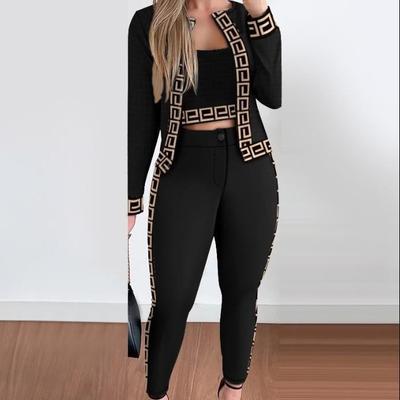 Takımlar Kıyafetler Kadın İlkbahar Sonbahar 3 Parça Set Ekose Baskılı Crop Top & Pantolon Seti Ceketli Moda Günlük Şık Kadın Seti