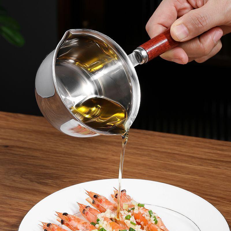 BPA Free Stainless Steel Oil Pot Fast Heating Anti-Scald Wooden Handle Dripless for Home Kitchen Seasoning Oil Pouring