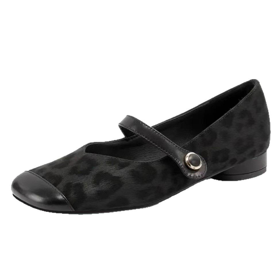 French retro square head leopard print one-word buckle with Mary Jane small leather shoes with skirts, beautiful low heels, light mouth single shoes 