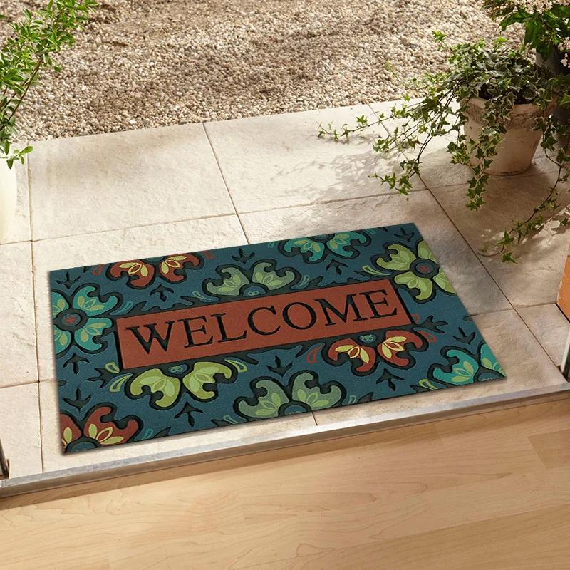 Welcome Floral Vintage Pattern Door Mat Colorful Decorative Non-slip Carpet Rug for Front Door Entryway Home Decoration Door Mat