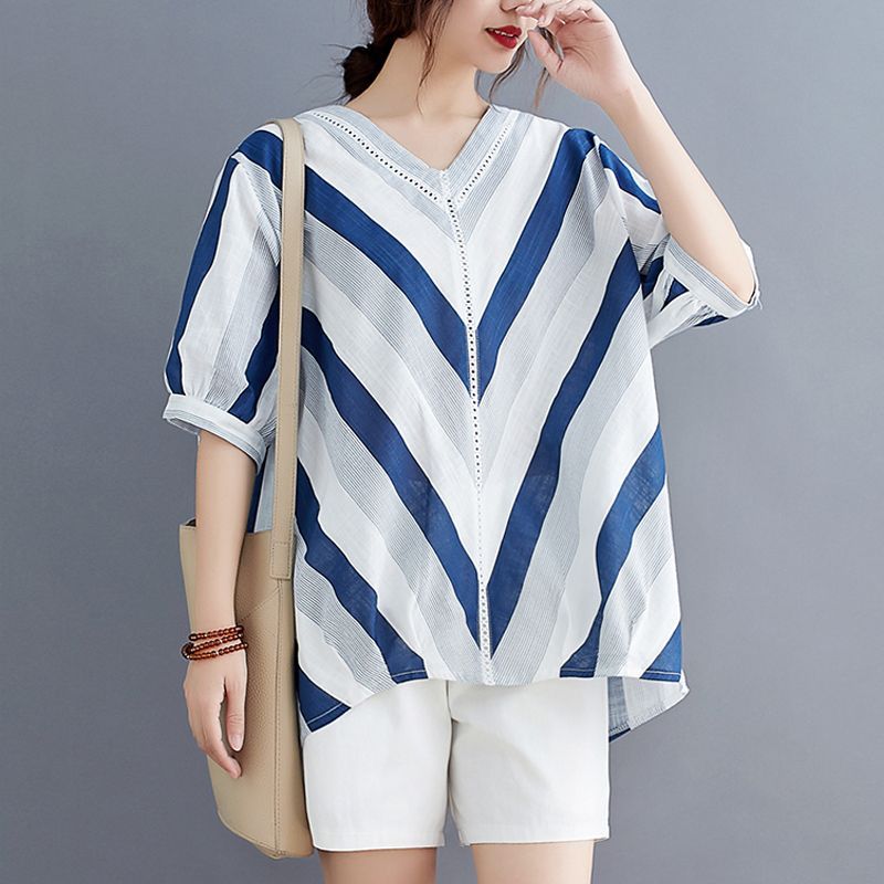 

Женская одежда Удобные пуловеры Свободный V-образный вырез Простота Принт Полосатый Элегантная мода Летние Тонкие Повседневные футболки L синий