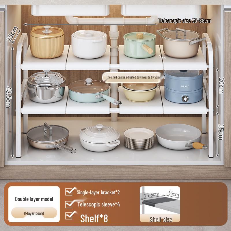 Retractable Under-Sink Tiered Shelf and Pot Storage Rack