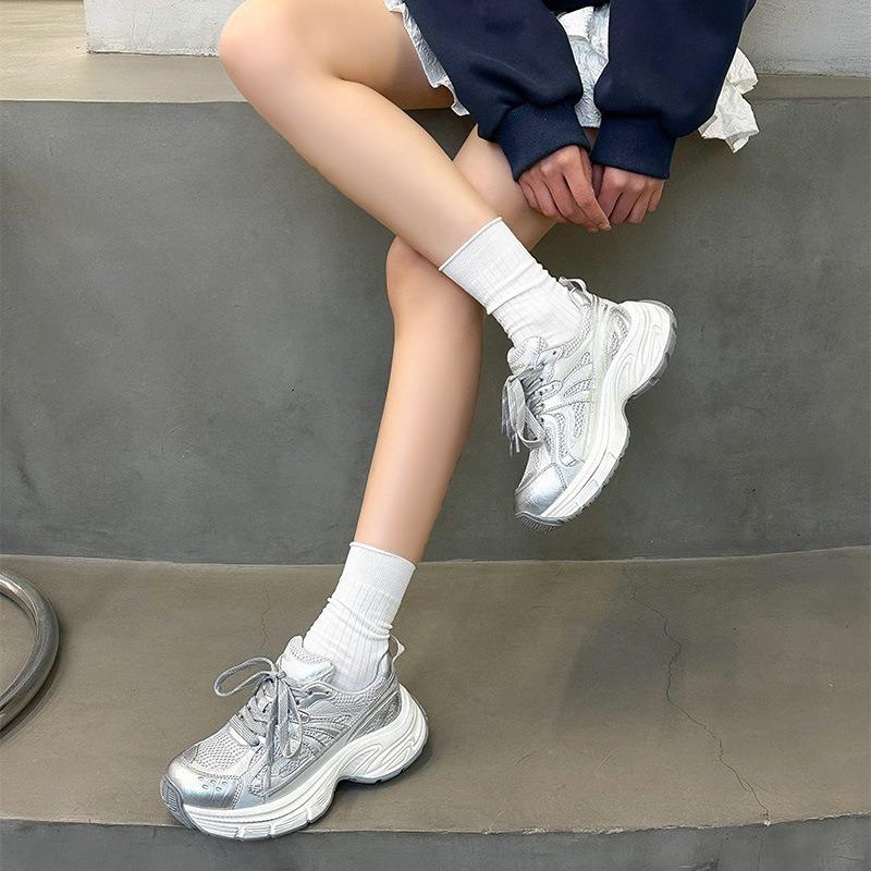 Silver dad shoes women's spring new thick-soled heightening non-slip sneakers leather breathable casual jogging shoes