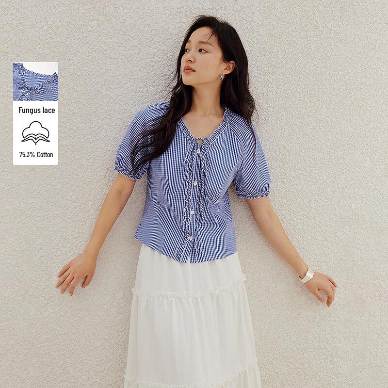 INMAN Women s French Plaid V-Neck Ruffle Trim Short Sleeve Blouse S
