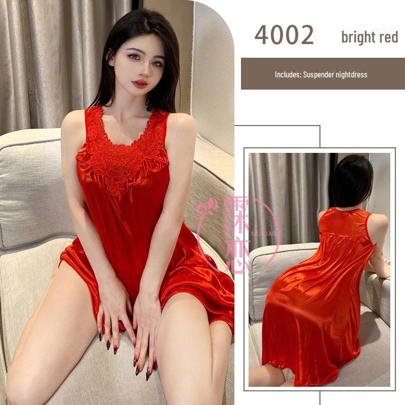 Cămașă de noapte Milian Mărimi Mari din Dantelă - Lenjerie de Noapte Coreeană fără Mâneci