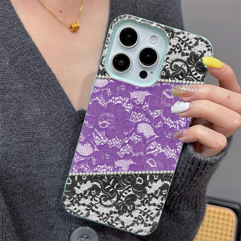 Dual Tone Lace Phone Case for iPhone 17 16 15 14 Plus 13 12 11 Pro Max Purple Black TPU Fashion Protective Cover