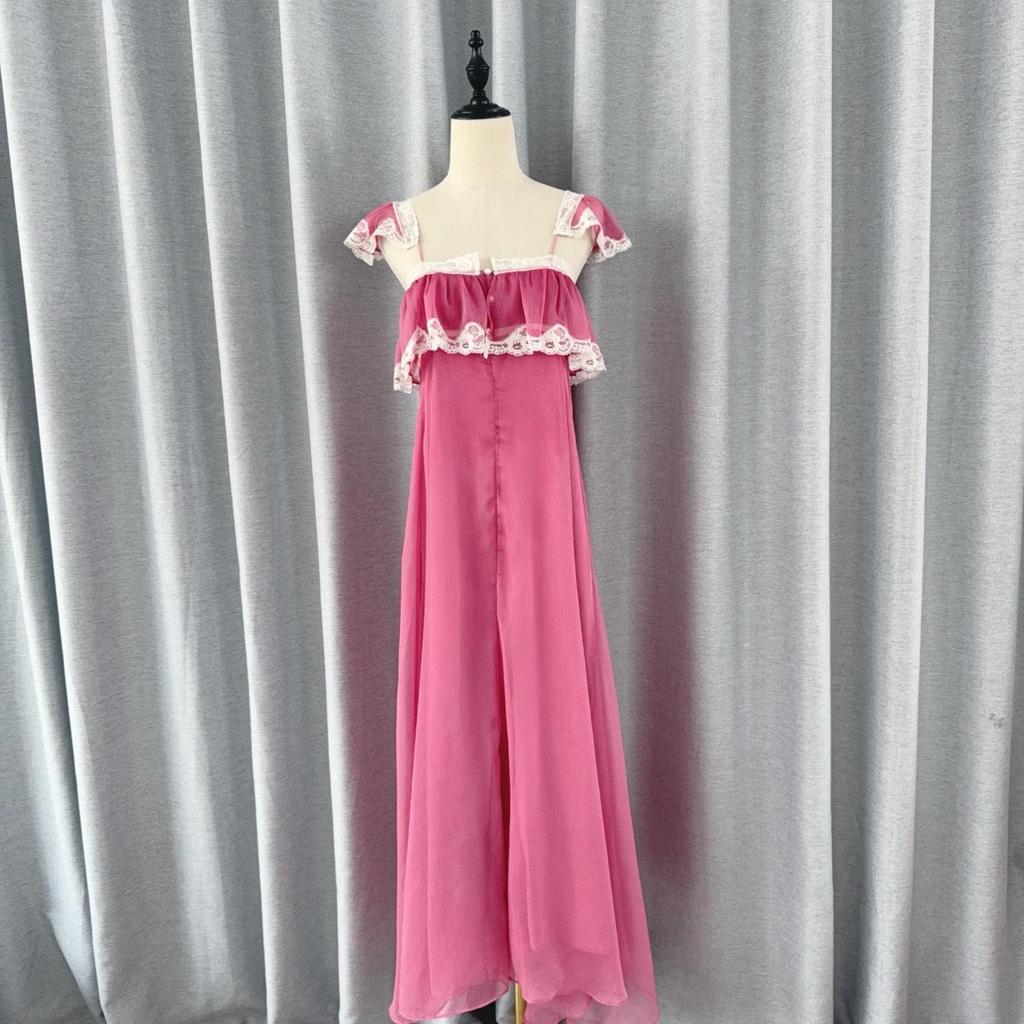Pink Lace-Trim Cap Sleeve Maxi Dress, Yi Mengling Style, In Stock