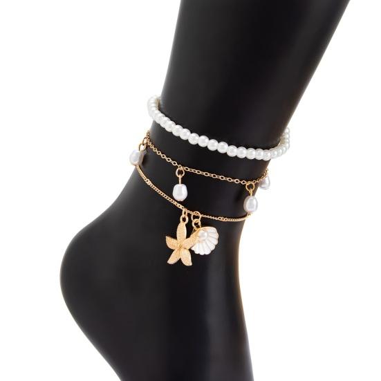 Beach Anklet for Women, Starfish Shell Fish Tail Pendant Boho Bracelet, Layered Faux Pearl Foot Chain for Summer Vacation
