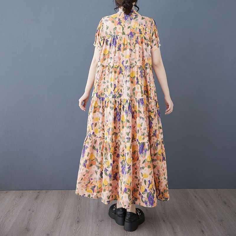 Cotton 2025 Summer Women's Loose Large Size Fashion Printed Long Dresses
